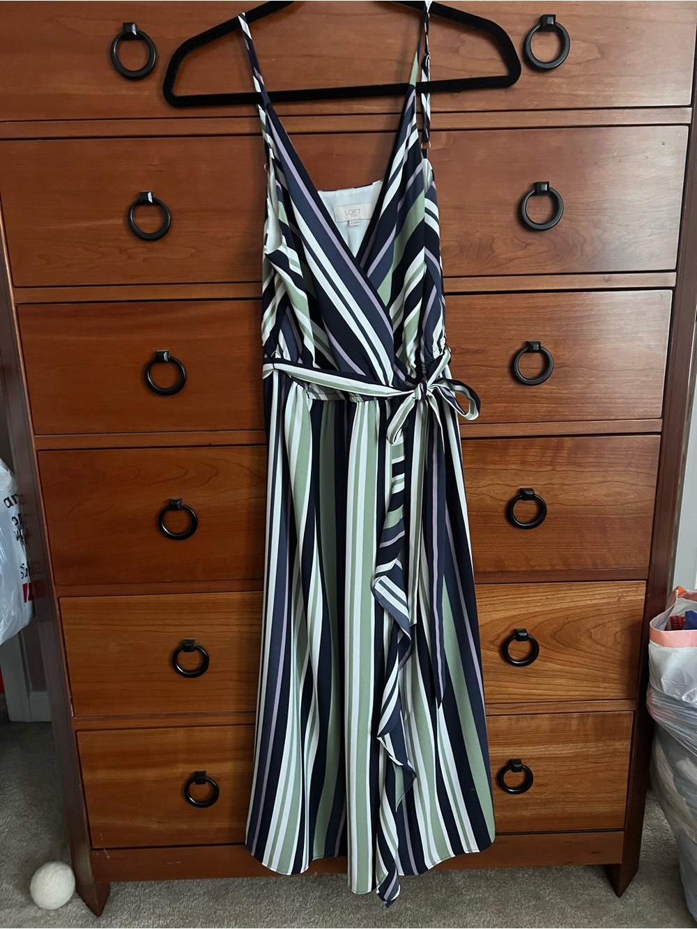 LOFT Striped Wrap Midi Dress - Navy, Olive & White